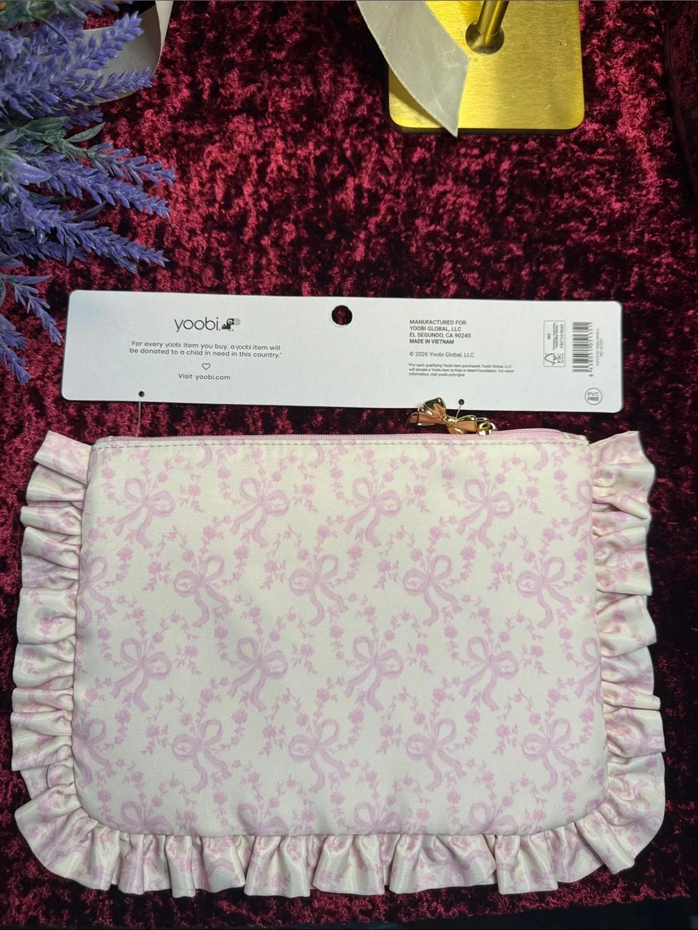 LoveShackFancy Pink Ruffle Bow Print Accessory Pouch - Picture 2 of 2